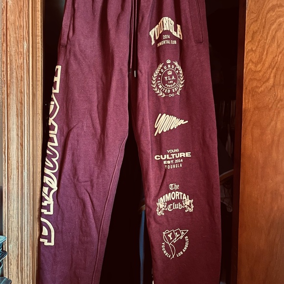 YoungLA Burgundy Joggers with Yellow Accents - Picture 1 of 3